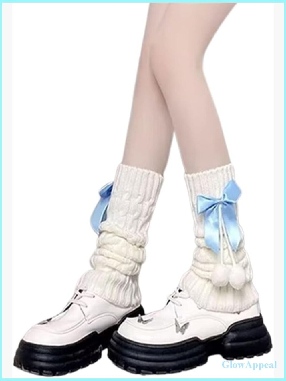 White Leg Warmers with Bow and Fur Balls, Y2K Rib Knit Boot Socks